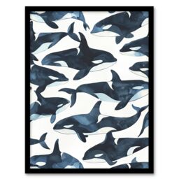 "Artery8 Orca Killer Whale Bright Watercolour Pattern Framed Wall Art in Black - Size: W12"" x H16""" - thumbnail 1
