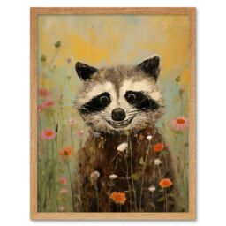 Artery8 Wall Art Print Gleeful Raccoon Picking Flowers Oil Painting Red White Blooms Spring Meadow Landscape Kids Bedroom Art Framed - thumbnail 1