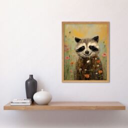 Artery8 Wall Art Print Gleeful Raccoon Picking Flowers Oil Painting Red White Blooms Spring Meadow Landscape Kids Bedroom Art Framed - thumbnail 2