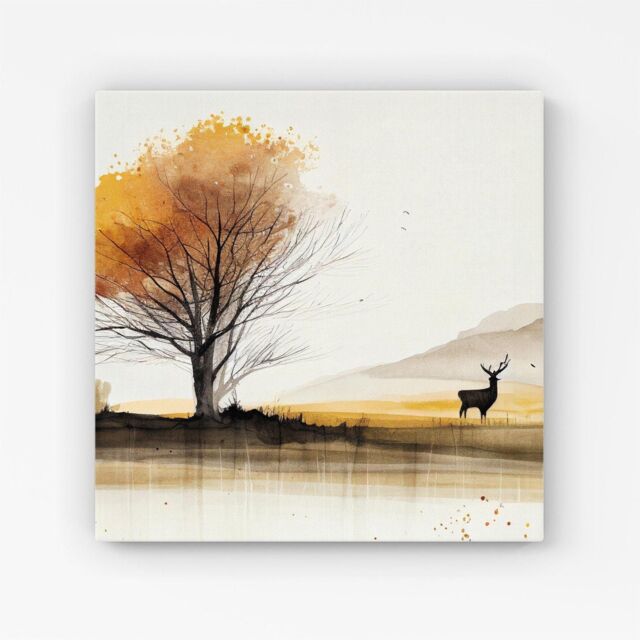 "Warren Reed - Designer Autumn Landscape Stag Watercolour Canvas in Brown - Size: W30"" x H30""" - image 1