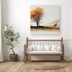 "Warren Reed - Designer Autumn Landscape Stag Watercolour Canvas in Brown - Size: W30"" x H30""" - thumbnail 3