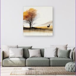 "Warren Reed - Designer Autumn Landscape Stag Watercolour Canvas in Brown - Size: W30"" x H30""" - thumbnail 4