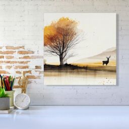 "Warren Reed - Designer Autumn Landscape Stag Watercolour Canvas in Brown - Size: W30"" x H30""" - thumbnail 2