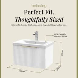 Balterley Fluted Front Wall Hung 1 Drawer Vanity Basin Unit, Satin White, 600mm in White - thumbnail 5