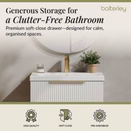 Balterley Fluted Front Wall Hung 1 Drawer Vanity Basin Unit, Satin White, 600mm in White - thumbnail 3