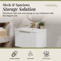 Balterley Fluted Front Wall Hung 1 Drawer Vanity Basin Unit, Satin White, 600mm in White - thumbnail 2