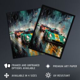 Artery8 Wall Art Print Sports Car Racing Motorsport Road Race Action Green Red Orange Classic For Him Fan Man Cave Art Framed in Blue - Size: A4 - thumbnail 2