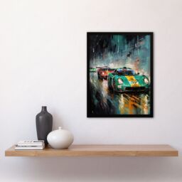 Artery8 Wall Art Print Sports Car Racing Motorsport Road Race Action Green Red Orange Classic For Him Fan Man Cave Art Framed in Blue - Size: A4 - thumbnail 4