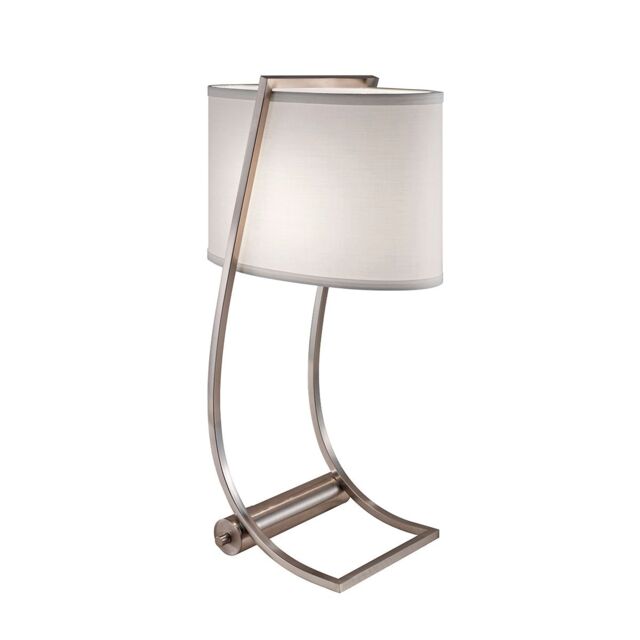 Loops Table Lamp USB Port in Base White Cotton Fabric Shade Brushed Steel LED E27 60W