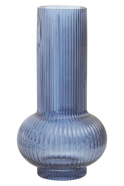 Large Blue Cylindrical Glass Vase, Wide Midsection and Ribbed Design Flower Vase, Large Blue vase for Decor