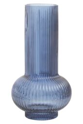 Large Blue Cylindrical Glass Vase, Wide Midsection and Ribbed Design Flower Vase, Large Blue vase for Decor - thumbnail 1