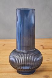 Large Blue Cylindrical Glass Vase, Wide Midsection and Ribbed Design Flower Vase, Large Blue vase for Decor - thumbnail 3