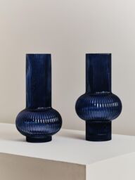 Large Blue Cylindrical Glass Vase, Wide Midsection and Ribbed Design Flower Vase, Large Blue vase for Decor - thumbnail 4