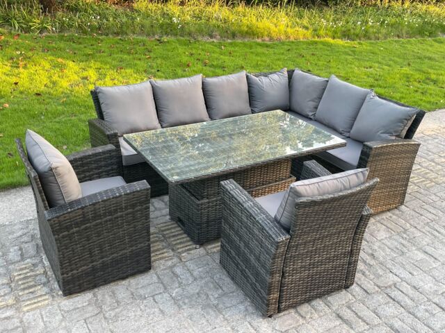 Fimous High Back PE Rattan Corner Sofa Set Garden Furniture Adjustable Rising Lifting Table in Dark Grey - image 1