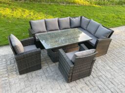 Fimous High Back PE Rattan Corner Sofa Set Garden Furniture Adjustable Rising Lifting Table in Dark Grey - thumbnail 2