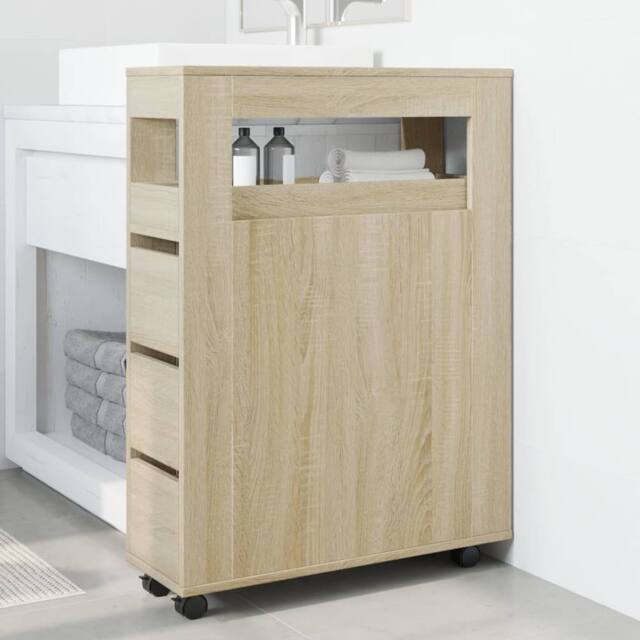 Berkfield Home Narrow Bathroom Cabinet with Wheels Sonoma Oak Engineered Wood in Light Tan - image 1