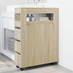 Berkfield Home Narrow Bathroom Cabinet with Wheels Sonoma Oak Engineered Wood in Light Tan - thumbnail 1