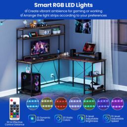 Costway L-Shaped Gaming Desk Reversible Corner Computer Desk w/LED Strip in Brown - thumbnail 4