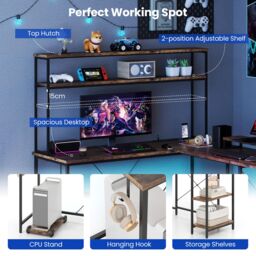 Costway L-Shaped Gaming Desk Reversible Corner Computer Desk w/LED Strip in Brown - thumbnail 5