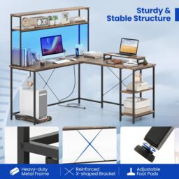 Costway L-Shaped Gaming Desk Reversible Corner Computer Desk w/LED Strip in Brown - thumbnail 6