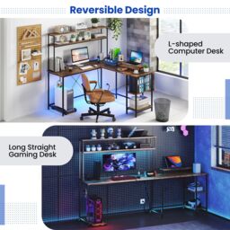 Costway L-Shaped Gaming Desk Reversible Corner Computer Desk w/LED Strip in Brown - thumbnail 7
