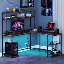Costway L-Shaped Gaming Desk Reversible Corner Computer Desk w/LED Strip in Brown - thumbnail 9