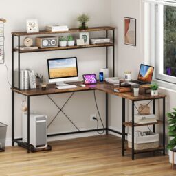Costway L-Shaped Gaming Desk Reversible Corner Computer Desk w/LED Strip in Brown - thumbnail 8