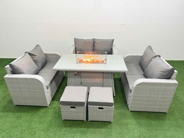 Fimous 8 Seater PE Wicker Rattan Furniture Sofa Sets with Firepit Dining Table 2 Seater Love Sofa 2 Stool Light Grey - image 1