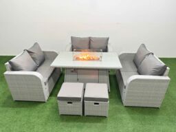 Fimous 8 Seater PE Wicker Rattan Furniture Sofa Sets with Firepit Dining Table 2 Seater Love Sofa 2 Stool Light Grey - thumbnail 2