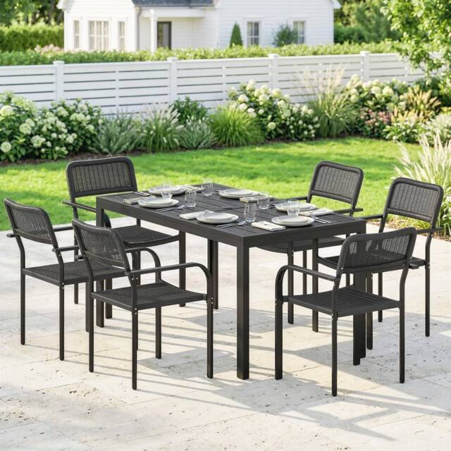 OUTSUNNY Garden Dining Set with Umbrella Hole for 6 People, Black - Size: 150 cm x 80 cm - image 1