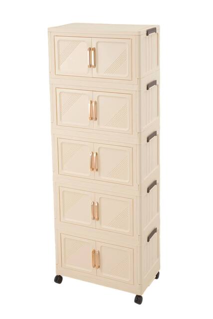 Living and Home Foldable 5-Tier Rolling Plastic Storage Cabinet with Magnetic Doors in Beige - image 1