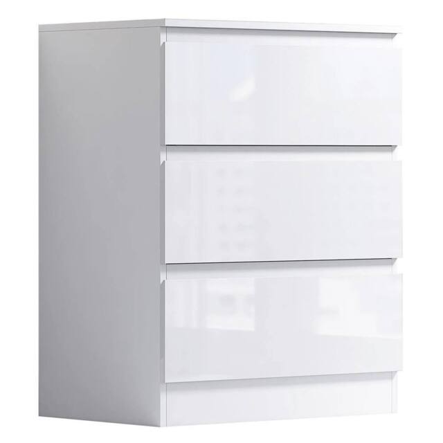 VOGREX White Gloss Handleless 3 Drawer Modern Bedside Table - image 1