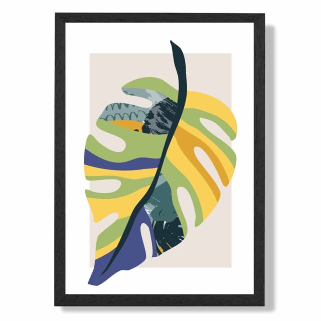 ARTZE Tropical Monstera Teal & Green Mid Century Modern Framed Print SIZE: A4 with Black Frame - image 1