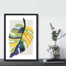 ARTZE Tropical Monstera Teal & Green Mid Century Modern Framed Print SIZE: A4 with Black Frame - thumbnail 2