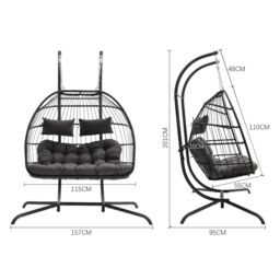 Living and Home 2-Seater Outdoor Hanging Egg Chair in Black - thumbnail 9