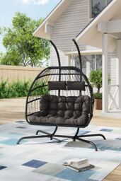 Living and Home 2-Seater Outdoor Hanging Egg Chair in Black - thumbnail 1