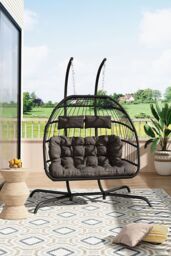 Living and Home 2-Seater Outdoor Hanging Egg Chair in Black - thumbnail 3