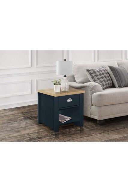 Birlea Lamp Table Grey Highgate 1 Drawer & Oak Farmhouse Shabby Chic in Blue - image 1