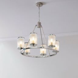 Loops 6 Light Chandelier Pendant Nickel Ribbed Glass Shade Hanging Ceiling Lamp Holder in Metallics - thumbnail 5