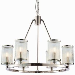 Loops 6 Light Chandelier Pendant Nickel Ribbed Glass Shade Hanging Ceiling Lamp Holder in Metallics