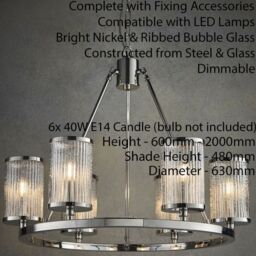 Loops 6 Light Chandelier Pendant Nickel Ribbed Glass Shade Hanging Ceiling Lamp Holder in Metallics - thumbnail 2