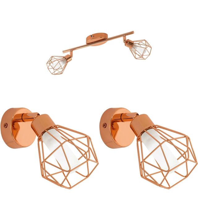 Loops Twin Ceiling Spot Light & 2x Matching Wall Lights Copper Geometric Wire Cage - image 1
