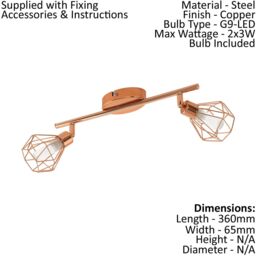 Loops Twin Ceiling Spot Light & 2x Matching Wall Lights Copper Geometric Wire Cage - thumbnail 2