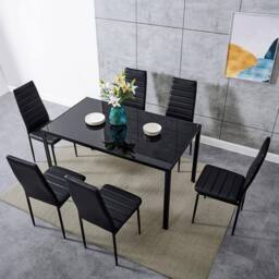KOSY KOALA Black Glass Table set with 6 Black Faux Leather Chairs Home Furniture - Size: 120 cm x 70 cm - thumbnail 2
