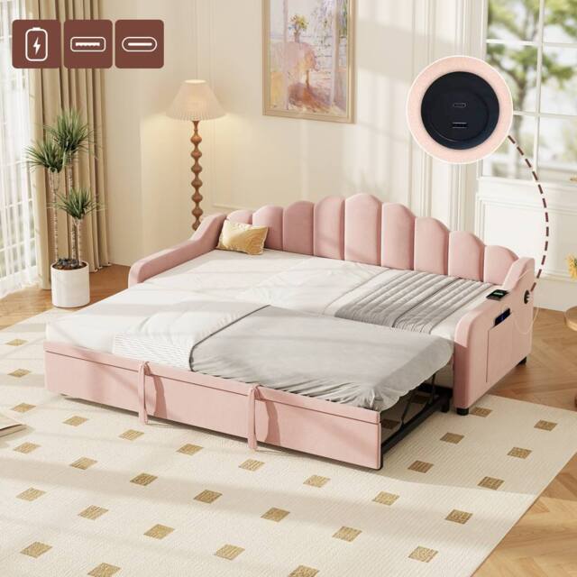 BTM 3ft Single Daybed with Pull-Out Trundle, Velvet & Storage Pockets in Pink - image 1