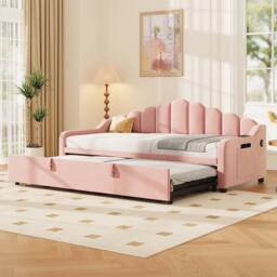 BTM 3ft Single Daybed with Pull-Out Trundle, Velvet & Storage Pockets in Pink - thumbnail 4