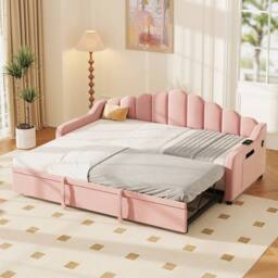 BTM 3ft Single Daybed with Pull-Out Trundle, Velvet & Storage Pockets in Pink - thumbnail 2