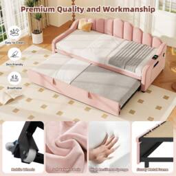 BTM 3ft Single Daybed with Pull-Out Trundle, Velvet & Storage Pockets in Pink - thumbnail 8