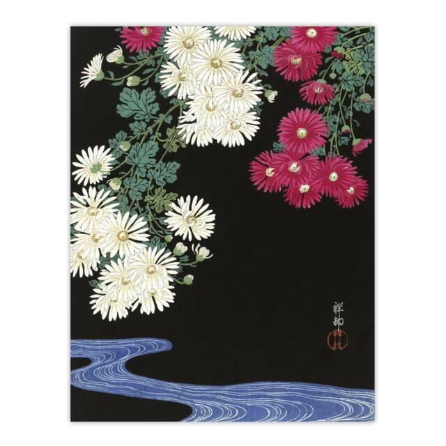 "Artery8 Chrysanthemums & Running Water Retro Japan Wall Art Print Koson in Pink - Size: W24"" x H32""" - image 1
