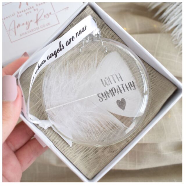 Amaya Rose Ltd In Memory of With Sympathy Feather Round Bauble Gift Boxed.Christmas in Clear